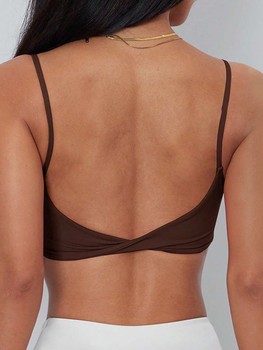 Women's Sports Bra, Twist Back Design, Fashionable Solid Color Sports Tank Top, With Removable Pads, Suitable For Yoga, Fitness And Running - Brown - View 1