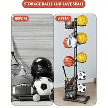 Ball Storage Rack Multi-Layer Basketball Organizer Rack With Basket And Hooks",Shelves - Black - View 5