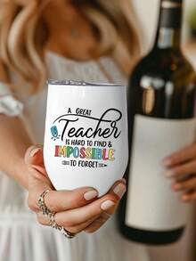 Teacher Appreciation Gift:Stainless Steel 12oz With "Teacher" Print Egg-Shaped Insulated Travel Mug With Lid,Portable Travel Cup,Cold-Retaining Coffee Cup,Eggshell Water Cup,Vacuum Insulated Wine Glasses, All-Season Drinkware - White - View 3