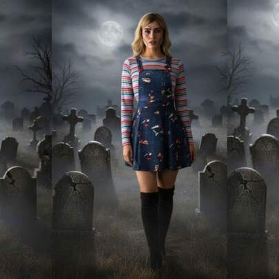 Set conjunto de 2 piezas overol vestido festividad dia de muertos hallowen chuk niño bueno muñeco diabolico sexy juvenil moda con playera multicolor a rayas cuello alto manga larga