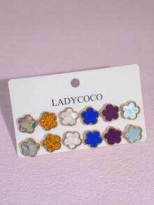 LADYCOCO 6 对时尚优雅多色幸运四叶草耳钉，适合女性日常搭配，珠宝耳环套装 - 多色C - 查看 4