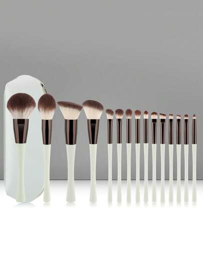 RANCAI طقم فرش مكياج مع حقيبة تخزين 15 قطعة، طقم فرش مكياج رمادي لأساس المكياج والظلال والخلط والبودرة والحواجب والماسكارا، طقم فرش مكياج للسفر هدية