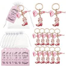 36 件/12 套西部牛仔风格钥匙扣派对礼品套装，包括带帽子的金属钥匙扣、靴子饰物、可爱的乡村风格星形靴帽钥匙扣，附带 12 张感谢卡和 12 个欧根纱礼品袋，适合送礼、牛仔主题派对、生日、婚礼 - 粉紅色牛仔靴 - 查看 1