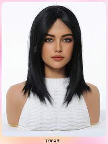 TOPSHE elegante gerade Perücke für Frauen, schwarze 14-Zoll Rosennetzkappe, hitzebeständige Kunstfaser, stufiger Stil hitzeresistente synthetische Flechtperücke, Perücken-Accessoires, für Alltag, Party, Cosplay