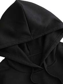 Plus Customized Slogan Graphic Kangaroo Pocket Drawstring Thermal Hoodie - Black - View 5