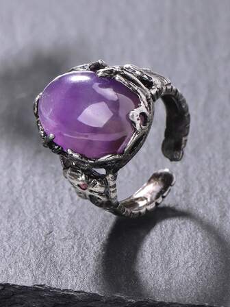 1pc Vinatge Silver Rings Natural Stone Amethyst Ring For Women Adjustable Design Handmade Fashion Jewelry Boho Accessories H765