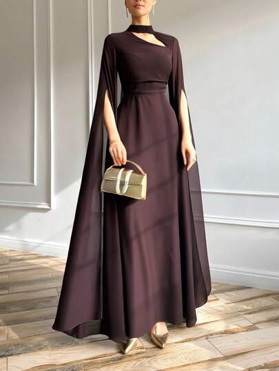 1pc Elegant Evening Long Dress With Cape Sleeve & Lace-Up Back, Wedding Guest Dress Women
