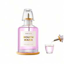 11.8盎司玻璃漱口水瓶，适用于浴室，配有不锈钢和竹制喷嘴、可重复使用的漱口杯、竹制托盘和优雅的金色贴纸。（透明） - 彩色 - 查看 3