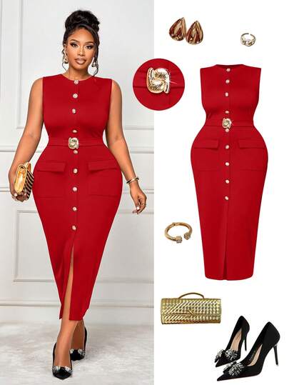 BIUBIU Women's Plus Size Fashionable Sleeveless Solid Color Pocket Metal Buckle Slit Dress, Suitable For Glamorous Dates, Cocktail Parties, Casual Outings, Commuting Business, Back To School Season Fashion Matching Elegant