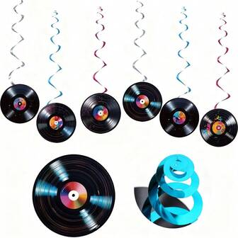 6pcs Vinyl Record Wall Decor Set, Retro Disco Party Supplies, Colorful Rock Spiral Hanging Ornaments, PVC, Music Themed Celebration Decor, Plastic, For Birthdays & Retro Events
