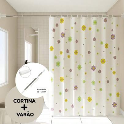 Kit Cortina Box para Banheiro com Varão Extensível Suporte Antimofo e Ganchos Diversas Cores