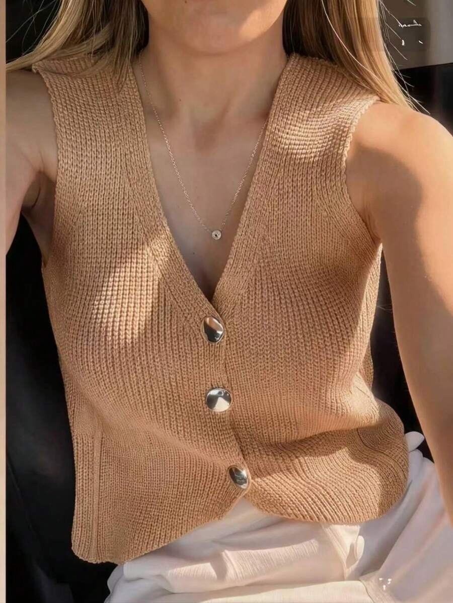 Nadia Women's Fashion Vest With Button - Beige - View 1