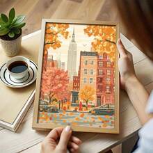 Imprimeu artistic pe pânză cu orizont de toamnă vintage din New York City, 1 buc - Poster decorativ de perete plat, neînrămat, cu frunziș de toamnă și nuanțe calde de portocaliu, pentru sufragerie, dormitor, birou - Ziua Recunoștinței, Halloween, idee de cadou de Crăciun, decor de perete metalic, decorațiuni pentru cameră, artă murală pe pânză mare, artă murală din tablă, decorațiuni pentru casă, cumpărători de sărbători, decoratori de casă, 2D plat, perfect pentru decorul camerei