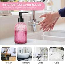 Stripe Glass Soap Dispenser With Black Plastic Pump, 400ml Liquid Hand Soap Dispenser, Rustproof Pump For Kitchen & Bathroom, Great For Lotions, Essential Oil, Liquid Soaps-Pink - Pink - View 6