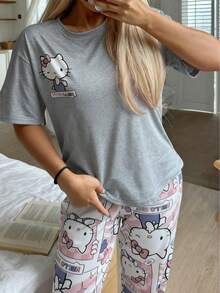 Sanrio 2pcs Hello Kitty Women Printed Short Sleeve Top + Elastic Waist Pants Cute Pajama Set