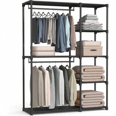 SONGMICS Portable Closet Freestanding Closet Organizer Clothes Rack With Shees Hanging Rods Storage Organizer For Cloakroom Bedroom 48.8 X 16.9 X 71.7 Inches Black URYG026B02