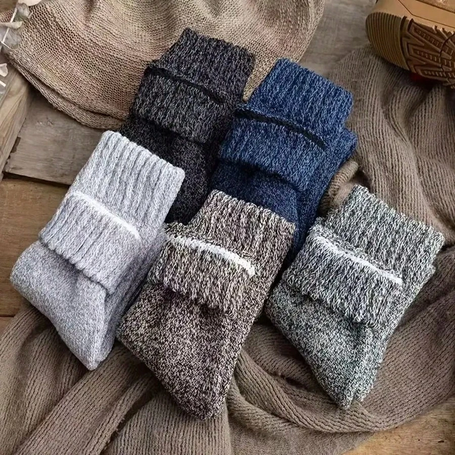 5 Pairs Of Women'S Warm Winter Socks, Thick And Warm Mid-Tube Snow Boot Socks, Warm Retro Thick Line Solid Color Socks - Multicolor - View 1