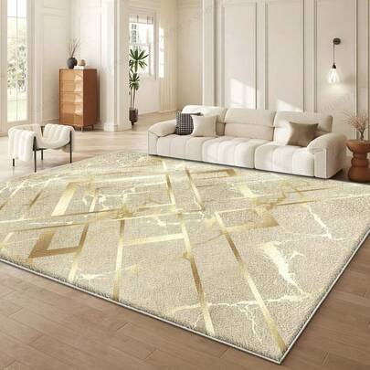 1 件装现代几何线条大理石纹理图案地毯，创意奢华地毯，INS 地毯 | 可机洗，不可干洗，高品质米色和金色奢华设计，适用于客厅、卧室、办公室、书房、洗衣房、门廊 | 家居装饰，舒适卧室，优雅房间装饰，圣诞装饰，厨房地毯