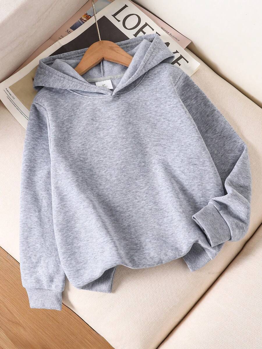 Áo nỉ trùm đầu dài tay màu trơn thường ngày cho bé gái, lót nhiệt, thu/đông - Xám - Xem 1