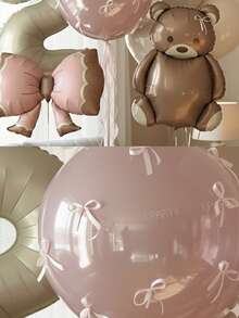 23pcs/Set 40-Inch (Approx. 101cm Height) Cream Color 0-9 Number Balloons, Giant Brown Bear Foil Balloon, Matte Pink Bow Balloons, 18-Inch Macaron Pink Latex Balloons, 24-Inch Clear No-Tie Bubble Balloons, 10-Inch Macaron Pink & Vintage Beige Latex Balloons, Pink Bows, Suitable For Birthday Party Decorations, Baby Shower - Multicolor - View 5