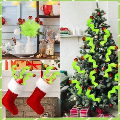 GRINCH Weihnachts grüner pelziger Grinch mit roter Beerenstielzubehör, Weihnachtsbaum Türhängedekoration