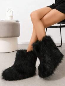 Women's Faux Fur Boot Furry Fluffy Round Toe Suede Winter Comfy Plush Warm Short Outdoor Indoor Flat Shoes Mid-Calf Boots Fashion Boots - màu đen - Xem 4