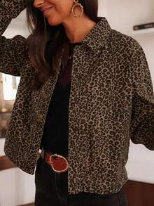 Plus Women's Leopard Print Button Down Casual Long Sleeved Jacket - Multicolor - View 1