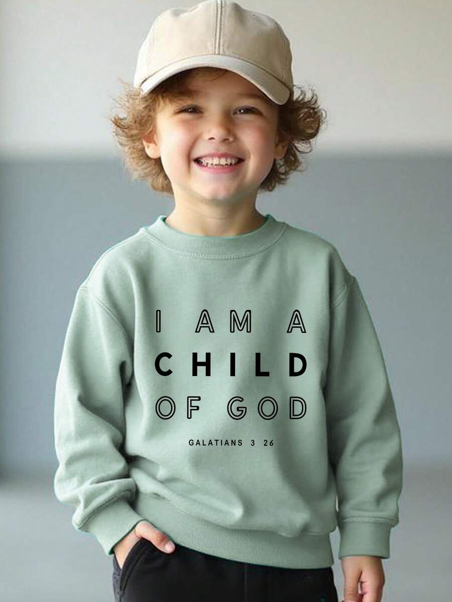 Young Boy Casual Slogan Graphic Print Crew Neck Sweatshirt, Suitable For Autumn/Winter - Mint Green - View 1