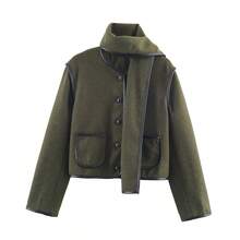 Women's Autumn New French Retro Woolen Jacket, Contrast Color Trim Pockets Decor, Solid Color Pockets Front Button Closure, Casual College Style - Dark Green - View 6