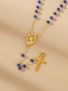 1pc 3mm Glass Virgin Mary Cross Pendant Rosary Necklace, Minimalist European & American Cross Pendant Necklace, Suitable For Women's Daily Wear
