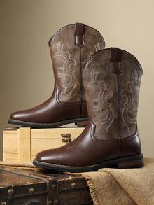 1 双男式刺绣图案圆头高帮低跟 PU 皮革鞋面橡胶外底舒适贴合休闲西部牛仔靴适合周末出游