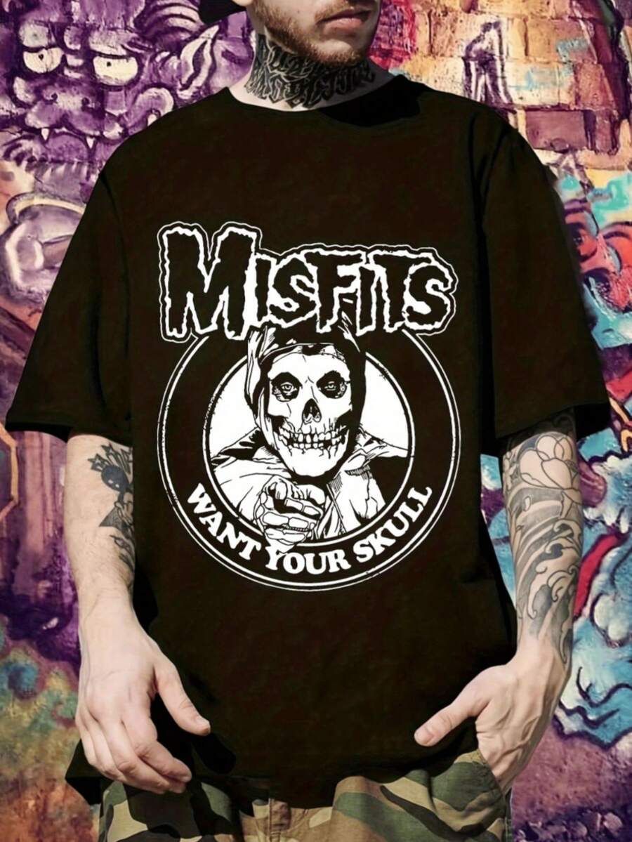 [Misfits Skull Graphic Tee] Men's Misfits Want Your Skull Graphic T-Shirt  Black Streetwear Tee With Skull & Roses Design  Casual Short Sleeve Tshirt For Summer, Everyday Tshirt  Bold Graphic Tee  Comfortable Fit, T Shirts - 黑色 - 查看 1