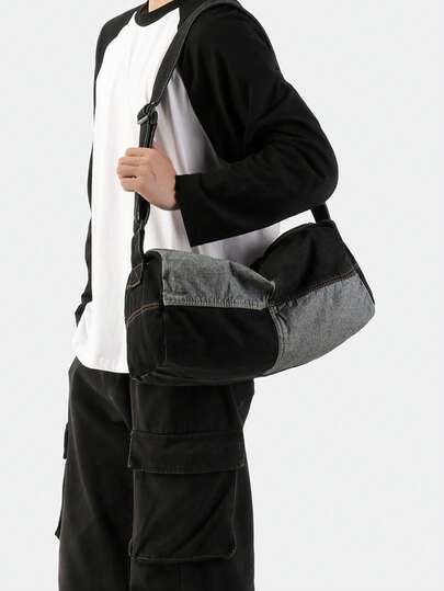 1pc Men's Casual Shoulder Bag, Colorblock Design, Large Capacity, College Style