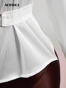 Elegant Women's White Satin-Like Long Sleeve Collared Shirt - Belted Button Front Blouse For Office, Going Out & Daily Wear