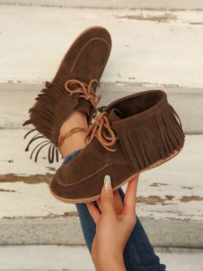 Neue Damen Mode Stiefeletten, Western Stil Stiefeletten, einfarbige bohemian Schnür-Fransen Damen Stiefeletten, Western Stiefel, Fransen Stiefeletten, geeignet für Feiertage, Hochzeiten, Urlaub, Partys, Innen- und Außenbereich, Herbst/Winter