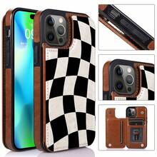 Wavy Checkered Flag Pattern Faux Leather Wallet Case For IPhone 17/16 Pro Max/15/14/13/12/11/ Galaxy Phone Cases|Slim Shockproof TPU With 3 Card Slots|Gift Idea- Replace Your Wallet - màu nâu - Xem 2