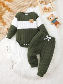 2 Stück Baby Langarm Fleece Outfit mit süßem Bären Design, super weich, dehnbar, minimalistisch & bequem, Baby Jungen Set