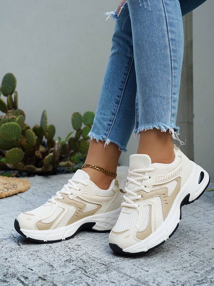 Sports Style, Lace-Up, 2026 Spring, Summer And Autumn New Thick-Soled Soft Leather Thick-Soled Sports Shoes, Women's Mesh Breathable Running Shoes, Casual Sports Shoes - 米色 - 查看 1