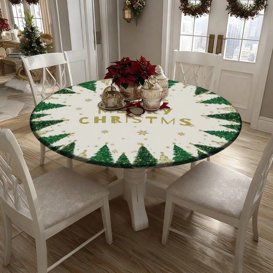 1/36pcs Christmas Tree Round Elastic Tablecloth, Holiday Christmas Design, Durable Polyester Material, Easy To Wipe, Suitable For Indoor/Outdoor Picnic, Camping, Holiday Dinner (Fits Standard Size Tables), Christmas Tablecloth, Picnic Tablecloth, Holiday Dining Decor - Multicolor 06 - View 1