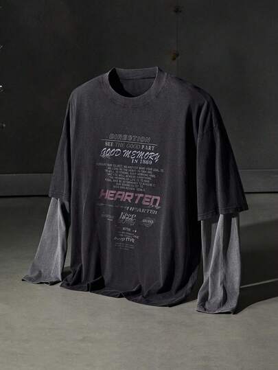 Men Knit Casual Loose Fit Letter Graphic Color Block Urban Long Sleeve T-Shirt With English Graphic Print Patchwork Design, Back To School, Summer