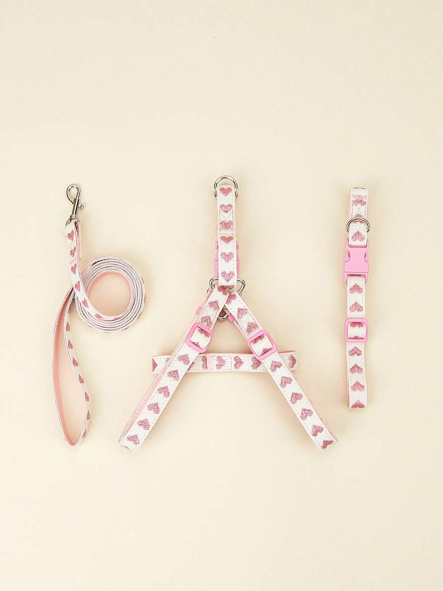 Bộ dây đeo cổ và dây dắt chó bằng polyester hình trái tim dễ thương, thích hợp cho các giống chó nhỏ như chó Teddy Bear khi sử dụng ngoài trời (không thích hợp cho chó lớn).