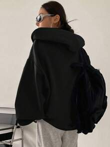 Fashionable Women's Jacket With Drop Shoulder Drawstring Zipper Hooded Jacket Women's Autumn And Winter Clothing, Plush And Warm, Couple's One-Piece Set, Suitable For Outdoor Sports, Suitable For Various Occasions - 黑色 - 查看 2