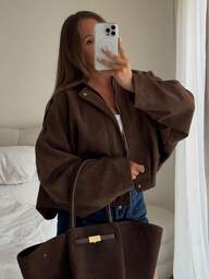 MUMRAP Women Casual Street Fashion Turndown Collar Jacket Vintage Long Sleeve Zipper Loose Coat