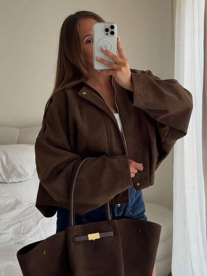 Chaqueta casual de moda callejera para mujer con cuello vuelto, manga larga con cremallera y corte holgado