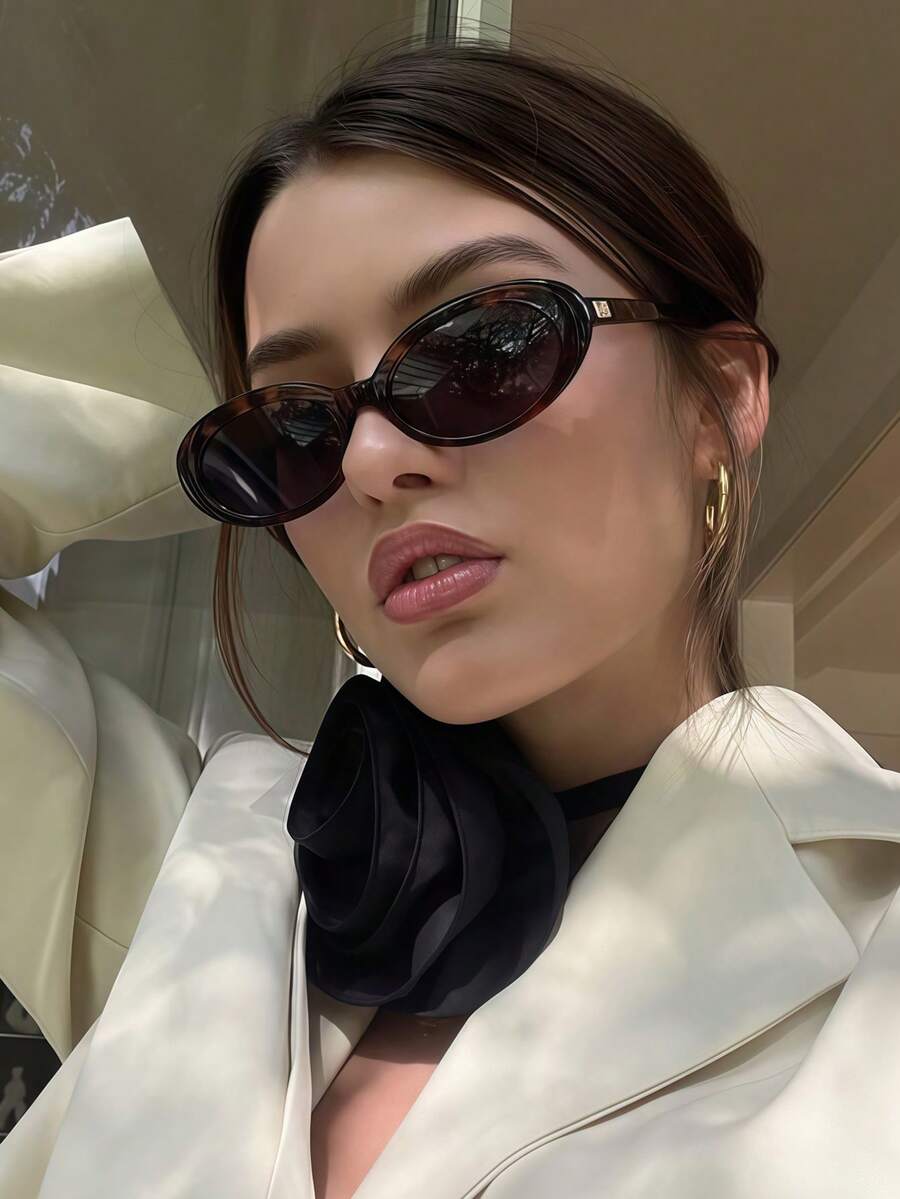 1 Pair Classic Small Frame Oval Fashionable , Retro Street Style Versatile Glasses For Women - Chip màu xám da báo - Xem 1