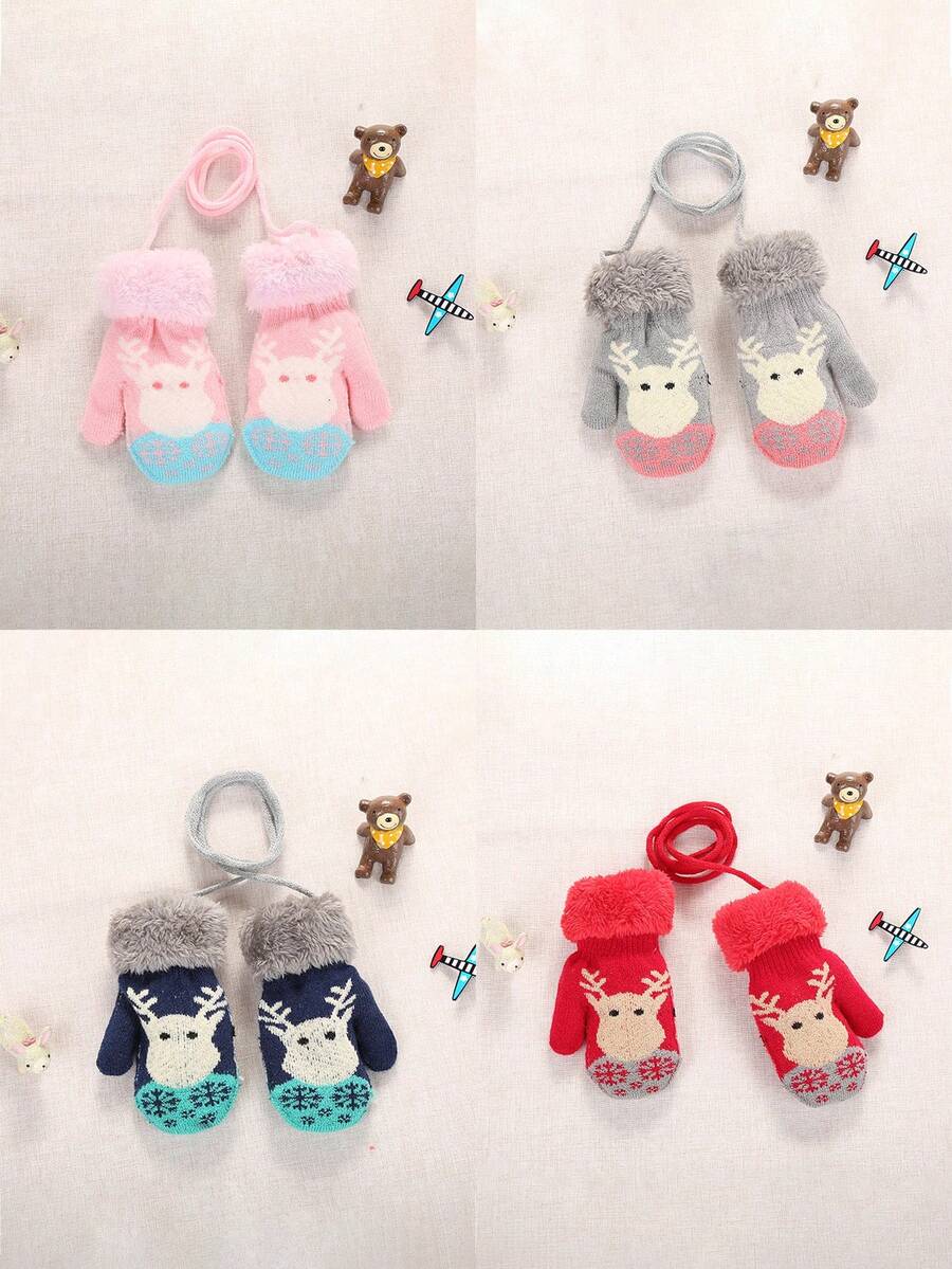 婴儿圣诞可爱小驯鹿冬季手套（0-3岁） - 双层保暖内衬，加厚针织，适合户外寒冷天气 - 彩色 - 查看 1