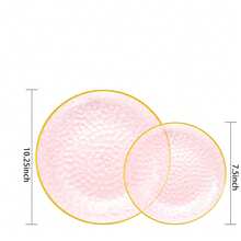 25 Stücke/Set 19cm/26cm rosa Teller, transparente rosa Teller mit goldenem Rand, beinhaltet gehämmerte goldene Teller