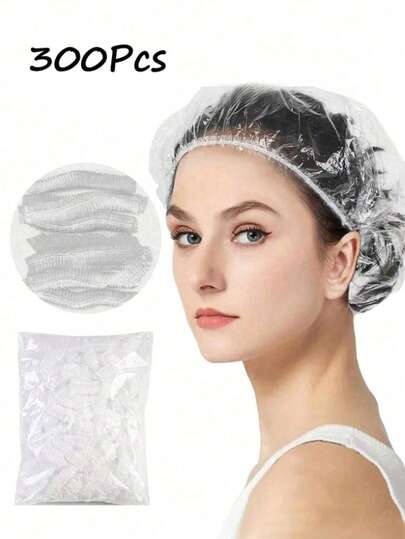Touca de banho descartável com 300 peças, touca de plástico transparente para cabelo, touca de banho feminina à prova d'água, acessórios essenciais para viagens em hotéis, condicionador profundo para cabelos e produtos de limpeza, decoração para casa e banheiro, decoração de outono, volta às aulas