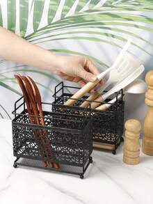 1 buc Suport pentru ustensile de bucătărie cu design clasic din metal gol, Suport dreptunghiular pentru tacâmuri din dantelă neagră - Pentru linguri, furculițe, bețișoare, teluri, capsule de cafea, articole de papetărie etc., Coș de depozitare decorativ pentru birou, ideal pentru organizarea casei, Depozitare decorativă, Cutii de depozitare și borcane, Coș de depozitare pentru decor de birou, Depozitare de Crăciun, Halloween, Ramadan
