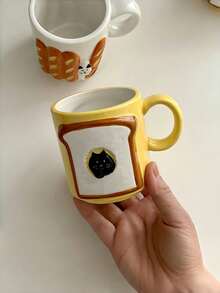 1pc Korean Ins Style Ceramic Mug, Cute Baguette Toast Cat Cup, Couple Breakfast Cup, Water/Milk/Coffee Cup